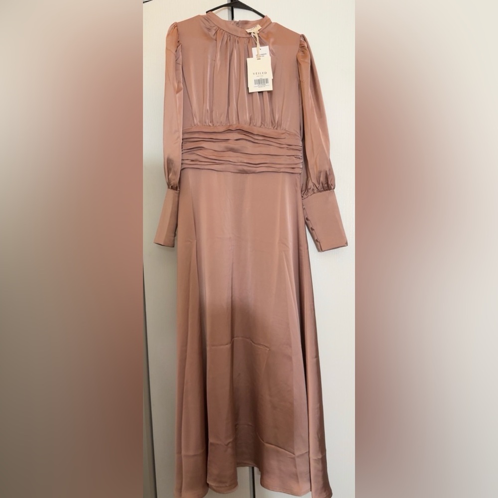 Veiled Collection Pink Ruched Long Sleeve Gown for Wedding Guest